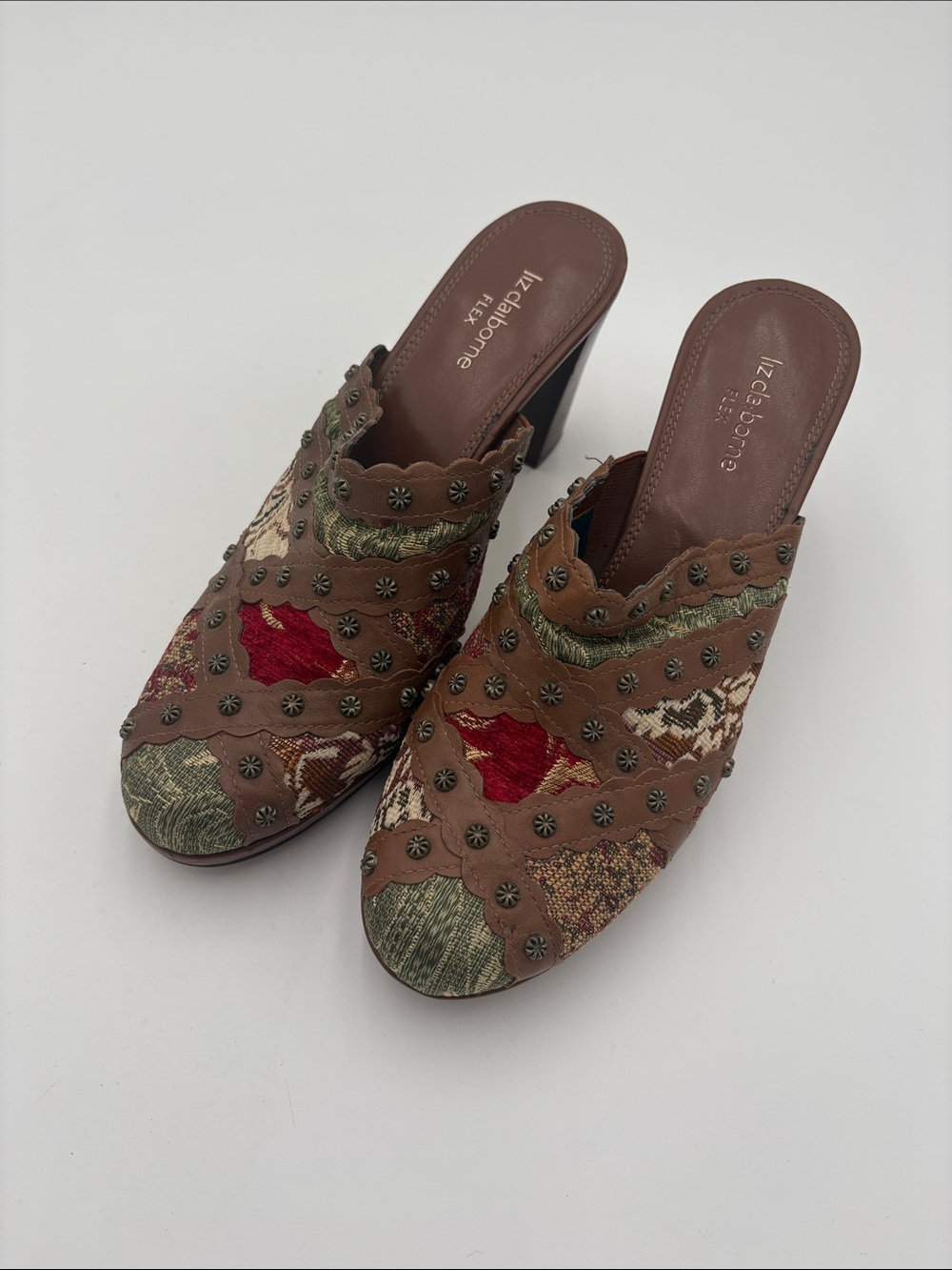 Liz ClaiborneFlex Brown Leather Mules with Red & Green Embroidered Accents